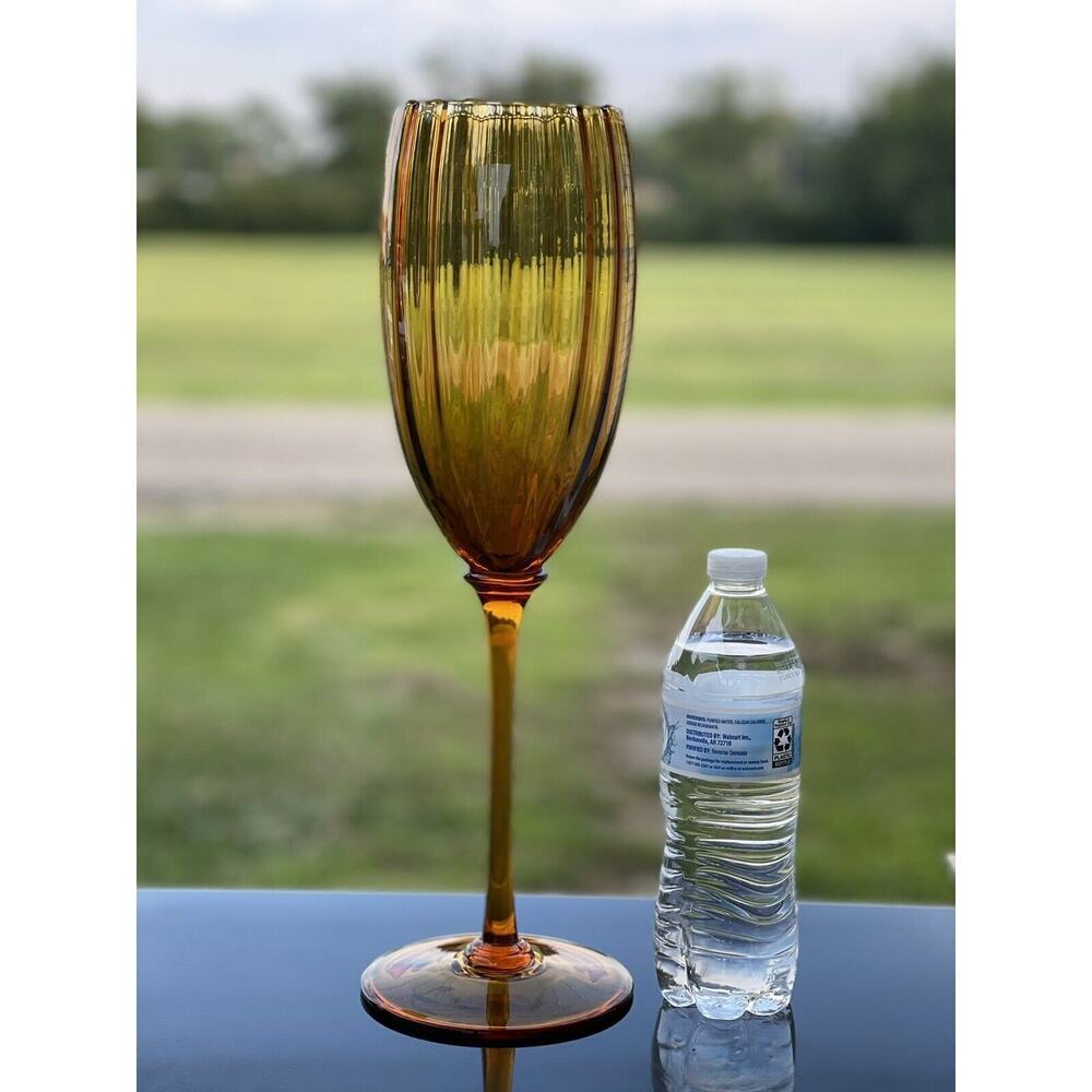 Vintage Empoli Amber Italian Tall Art Glass Optic LONG Stem Compote Vase Snifter